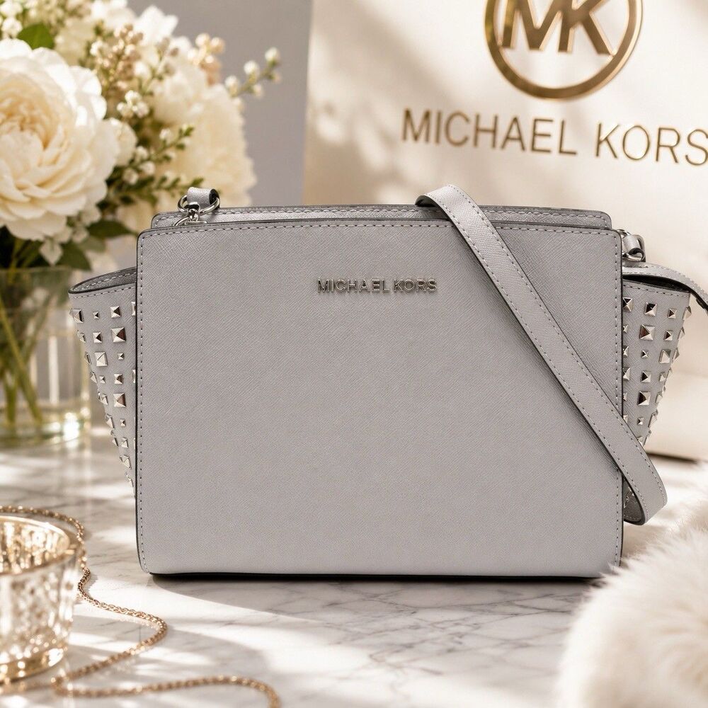 Michael Kors Selma Studded Y2K Crossbody Bag Gray Saffiano Leather Purse NWOT